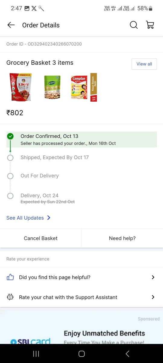j_k_456's tweet photo. @flipkartsupport 1st time grocery items purchase in @Flipkart 13-October -2023 but not delivery in till date. I request in public Please don't purchase flipkart grocery item's. https://t.co/RpEYKBklVD
