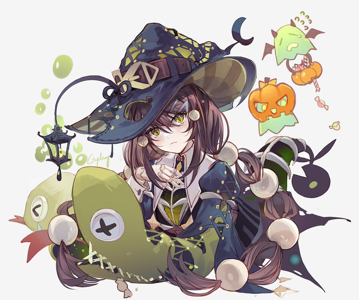 1girl witch hat hat long hair green eyes solo hair ornament  illustration images