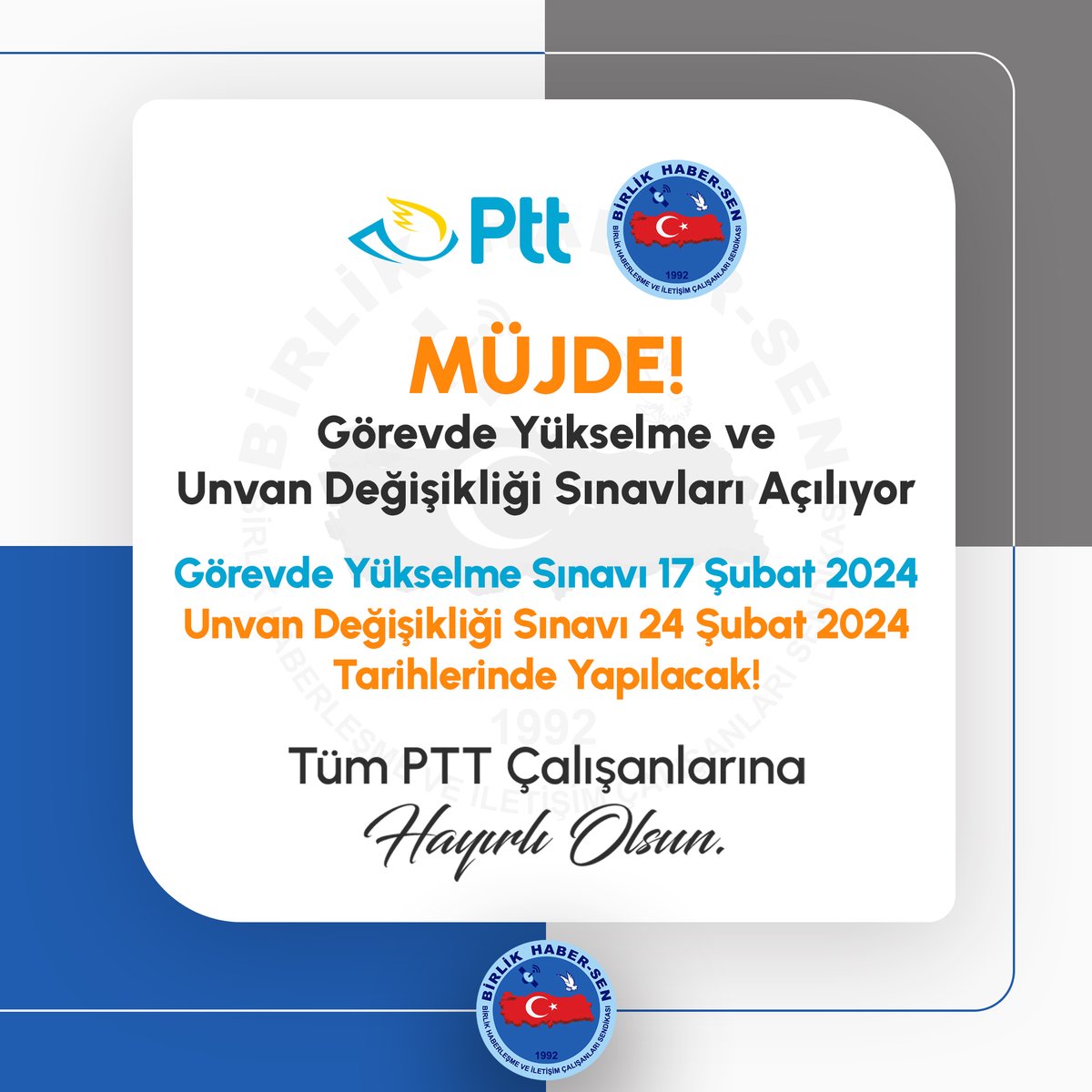 _omerbudak_'s tweet photo. PTT PERSONELİNE MÜJDE !!!
KURUM İÇİ GÖREVDE YÜKSELME VE UNVAN DEĞİŞİKLİĞİ SINAVLARI BAŞLIYOR…

PTT Genel Müdürlüğü yetkilileri ile 2023 yılı içinde gerçekleştirdiğimiz Kurum İdari Kurul Toplantısında Görevde Yükselme ve Unvan Değişikliği sınavlarının açılmasına karar verilmişti.

PTT Genel Müdürlüğü’nün Kurum İçi Görevde Yükselme ve Unvan Değişikliği Sınavlarına ilişkin uzun süredir yürüttüğü hazırlık aşaması sonlanmış ve GÖREVDE YÜKSELME SINAVININ 17 ŞUBAT 2024 TARİHİNDE UNVAN DEĞİŞİKLİĞİ SINAVININ İSE 24 ŞUBAT 2024 TARİHİNDE AÇILMASINA KARAR VERİLMİŞTİR.

Bu doğrultuda;
1 - ) Sınav iki ayrı tarihte iki oturum olarak yapılacaktır.
2 - ) Sınav, 750 kişinin üzerinde şef, 250 kişi civarı başdağıtıcı, başmühendis, teknik şef, mühendis (elektrik, elektronik, bilgisayar, endüstri müh. vb.) mimar ve avukat kadroları için yapılacaktır.
3 - ) Sınava girecek olanlardan girişimlerimiz ve PTT Genel Müdürünün olurları ile başka kurumlarda yapılan uygulamanın aksine sınav giriş ücreti alınmayacaktır.
4 - ) Sınavda Mülakat yapılmayacaktır.
5 - ) Sınavı Hacı Bayram Veli Üniversitesi yapacaktır.
6 - ) Sınav, belirlenen 13 il merkezin de belirlenen tarihlerde yapılacaktır.

Sendikamızın uzun uğraşları PTT Genel Müdürlüğü’nün yoğun çalışması ve desteği ile yapılacak olan sınavlara Birlik Haber-Sen olarak bizlerde akademik seviyede hazırlık süreci geçirdik.

Yaptığımız hazırlıklarımız;

a - ) PTT’ ye hakim, tecrübeli ve uzman ekiplerimizin uzun süren çalışması sonucu ilanda belirtilmesi muhtemel konulara ilave olarak soru çıkmasını beklediğimiz konuları da dahil ederek kapsamlı bir şekilde çalışılmış kitap hazırladık. Hazırladığımız kitap İnternet sitemizde yayınlanmaya devam etmektedir.  https://t.co/DgOgH8zHgI

b - ) Aynı zamanda eğitimci olan hocaların anlatımında tüm konuların kapsamlı bir şekilde anlatıldığı video çekimleri yapıldı. Hazırladığımız video dersler İnternet sitemizde yayınlanmaya devam etmektedir.  https://t.co/DgOgH8zHgI

c - ) Konuların anlatıldığı her video dersin sonunda o gün anlatılan konu ile ilgili sorular ve cevaplarını hazırladık. Hazırladığımız sorular İnternet sitemizde yayınlanmaya devam etmektedir.  https://t.co/DgOgH8zHgI

ç - )  Sınav tarihinden önce süre sınırlamalı ve katılımcıların bir biri ile yarışacağı  online deneme sınavları yapacağız.

d - ) Yukarıda bahsi geçen tüm çalışmalarımızdan üyelerimiz bu güne kadar ücretsiz olarak yararlanmaya devam ettikleri gibi sınava kadarda ücretsiz olarak yararlanmaya devam edeceklerdir.

Yapamazsınız açılmaz yalan söylüyorsunuz diyenlere inat uzun süredir açılmayan görevde yükselme ve unvan değişikliği sınavlarını açtırma noktasında gösterdiğimiz başarımızı sınava hazırlık sürecinde de sürdürerek sendikamızı bir üst seviyeye taşımanın haklı gururunu yaşıyoruz.

Tüm PTT personelinin bildiği ve takdir ettiği üzere Birlik Haber Sen üyelerini hiçbir zaman aldatmamış, yalan söylememiş, gerçeğin ve doğrunun adresi olmuş, toplumsal ve ferdi olaylarda yalnız bırakmamış ve dertlerine derman olmuştur. Bu azmimiz ve kararlılığımız sizden aldığımız güçle her zaman daha da ileri seviyelere ulaşacaktır.

Bu minvalde sınavların açılması için irade gösteren PTT Genel Müdürü Hakan GÜLTEN bey başta olmak üzere emeği geçen PTT yöneticileri ile ilgili personele teşekkür ediyor, bizi hiçbir zaman yalnız bırakmayan üyelerimize şükranlarımızı ve saygılarımızı sunuyor, üyelerimize ve PTT personeline girecek oldukları sınavda başarılar diliyoruz.

Yönetim Kurulu Adına
Ömer BUDAK
Genel Başkan

#BirlikteBaşaracağız
#PTTGYS
#PTTUDS
#BirlikHaberSen
#BhsAkademi
#BhsGmyk