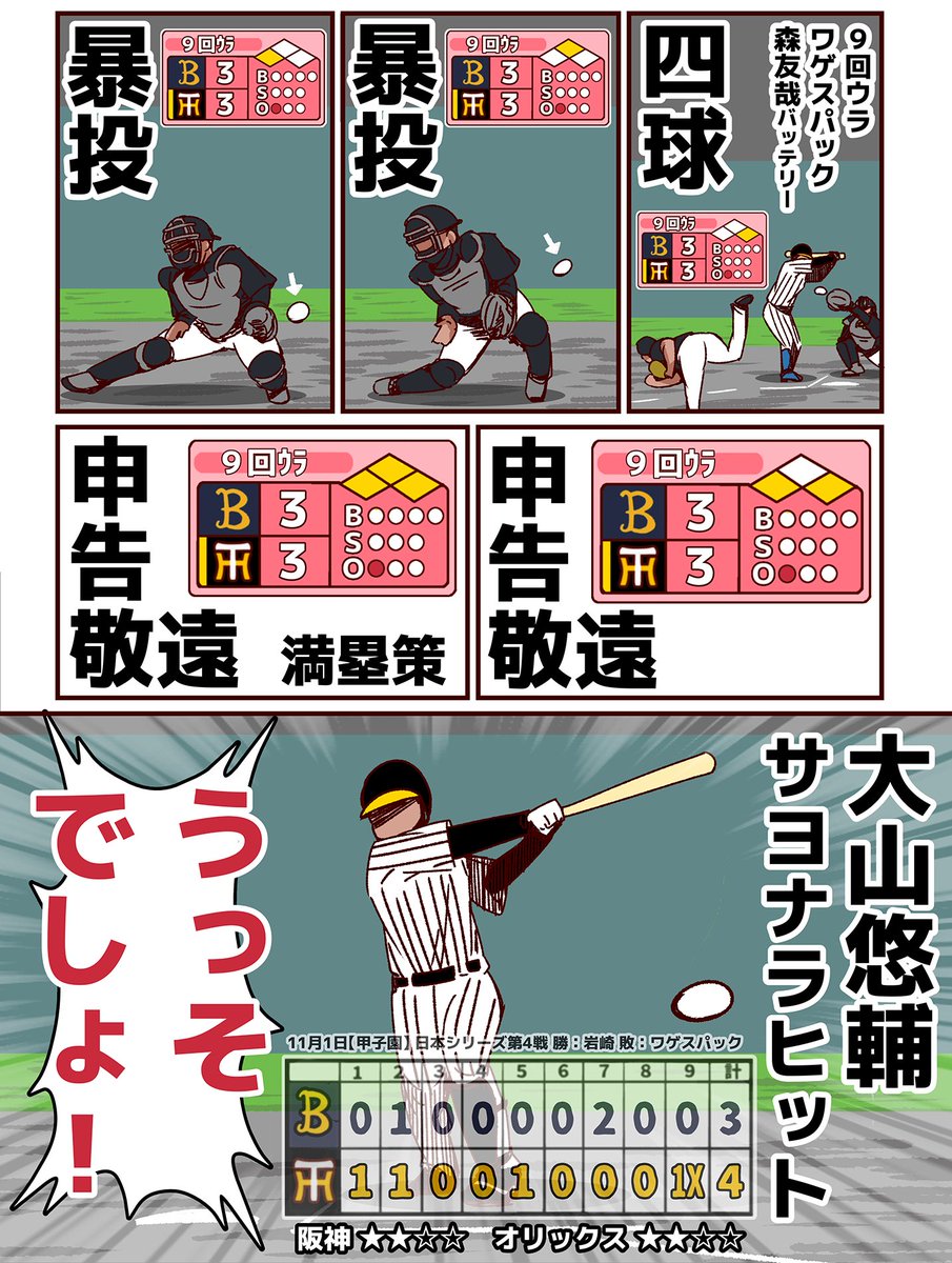 #それいけ鯉依奈ちゃん 2023
第96話『日本シリーズ第4戦』

阪神タイガースvsオリックス・バファローズの関西ダービー…をテレビ観戦するセ界の愉快な仲間たち。お好み焼きを食べながら気楽に観戦していたのですが、阪神のサヨナラ劇を見て皆の脳裏にあの投手が甦り… 