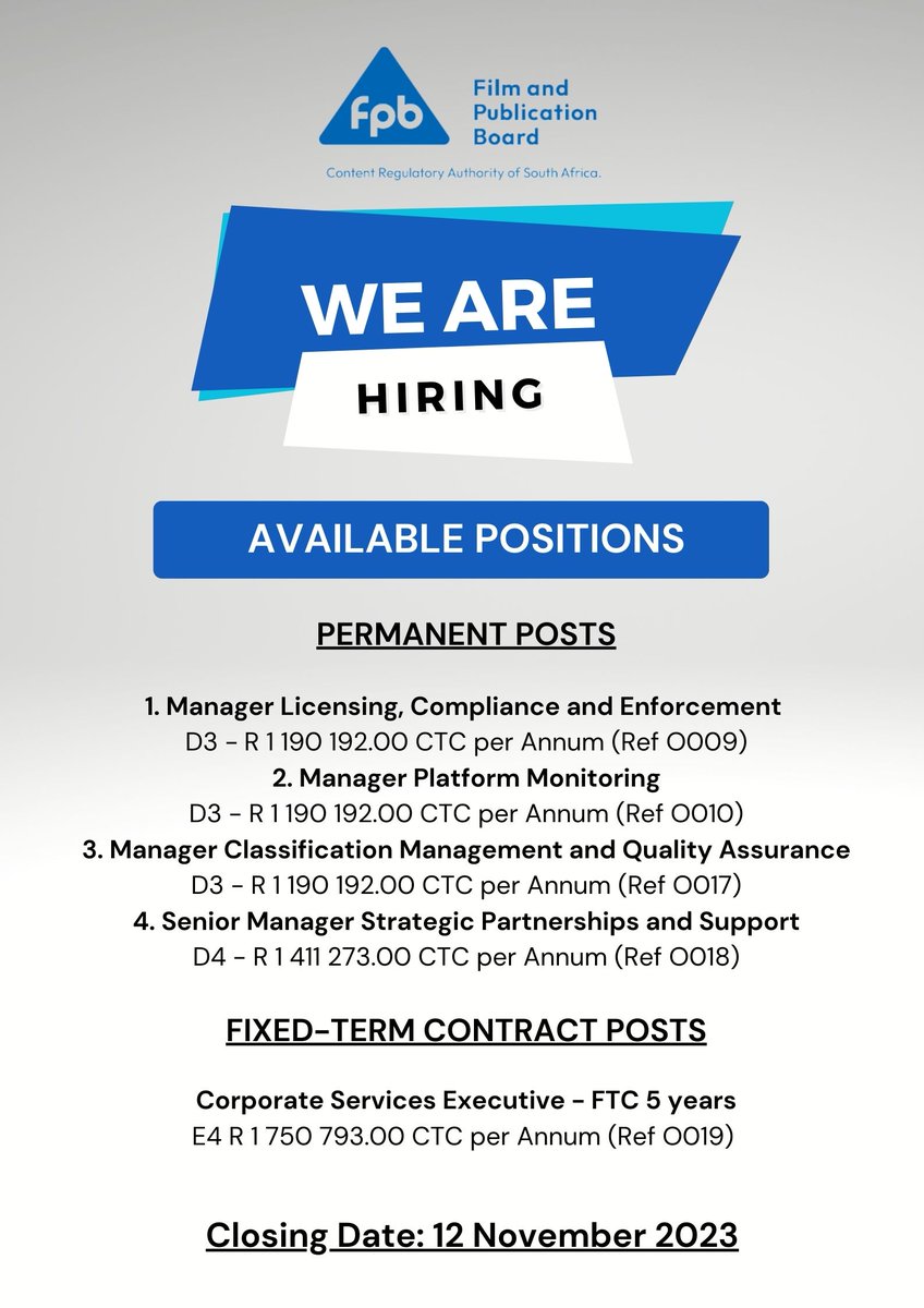 🔊Jobs Alert
The following vacancies are available on the FPB website: fpb.org.za/vacancies/

#hiringalert #jobseekers #jobalert #wearehiring