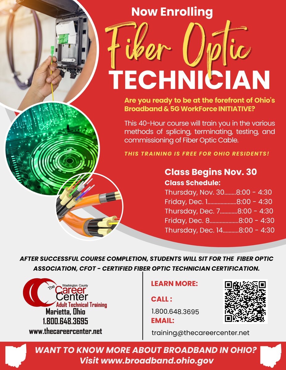 AdultTech's tweet image. 📷📷📷FIBER OPTIC TECHNICIAN📷📷📷
Did you know that over 1 million Ohioans cannot access high-speed internet?
Ohio is working hard to FIX THAT!
The Fiber Optic Technician program is 5 days and FREE to any Ohio resident.