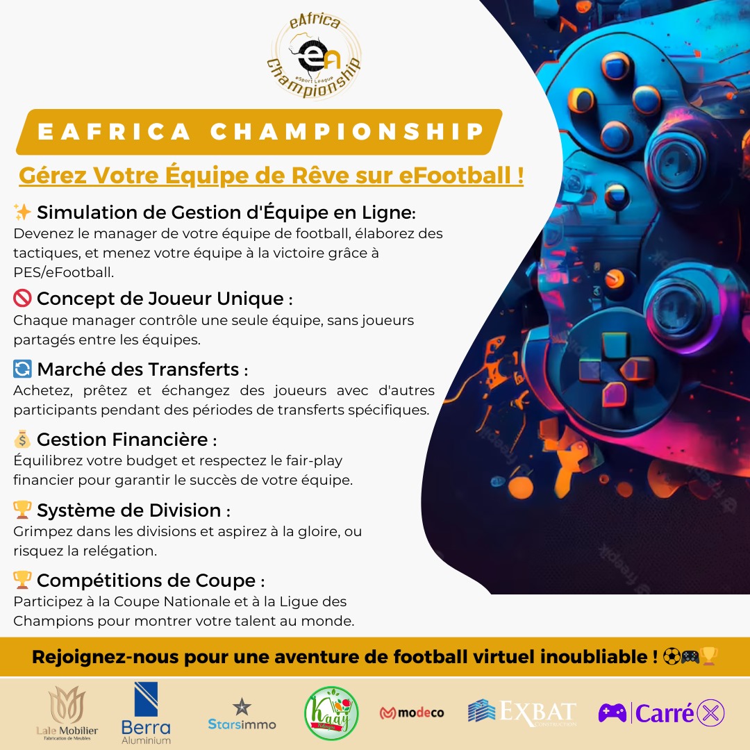 eafricachampion's tweet photo. Découvrez l'eAfrica Championship - Le jeu ultime pour les fans de la Ligue des Masters sur eFootball🎮 Gérez votre équipe, faites des transferts, et rivalisez avec d'autres joueurs pour la gloire.

inscription: https://t.co/tmwvyHJL65

Siteweb: https://t.co/blU3yKD2Wu

#eFootball https://t.co/9guSgO56KS