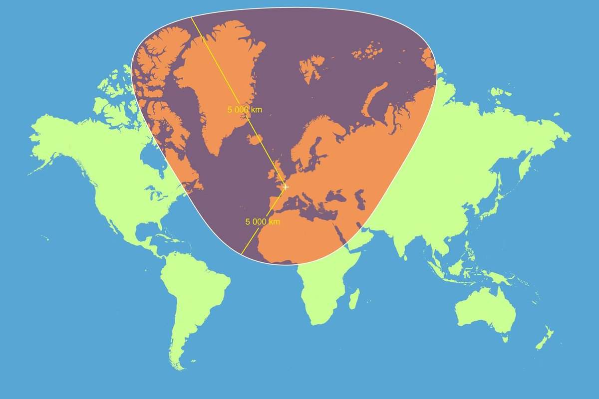 BigBangSciCom's tweet photo. Représentation d'un rayon de 5000 km autour de Paris sur une carte à projection Mercator, qui permet de montrer les énormes distorsions selon qu'on se rapproche ou qu'on s'éloigne de l'équateur

Crédits (texte et image je pense) : Alex Bargibant https://t.co/FnpAoDw1iC