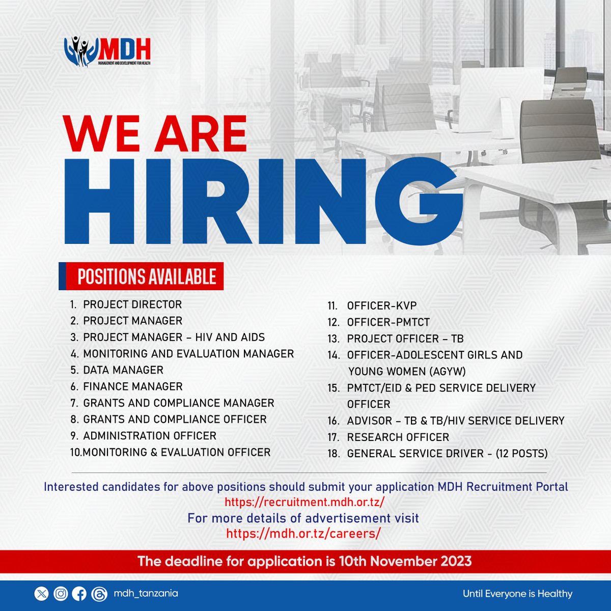 WE ARE HIRING ❕❕❕
Join our team and be part of the change.
Visit mdh.or.tz to apply.
We can't wait to have you.
#untileveryoneishealthy