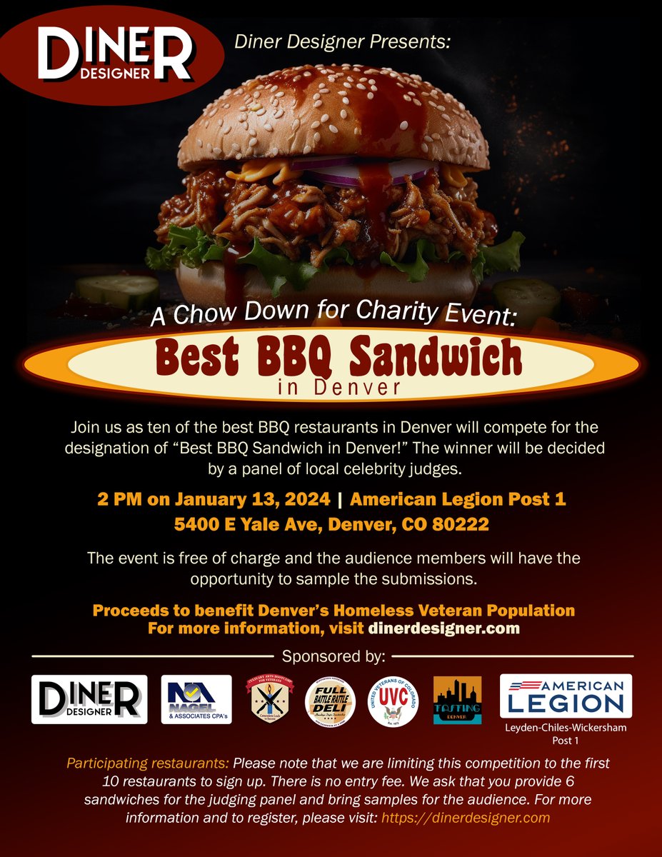 DinerDesigner's tweet photo. In recognition of being a contestant at our upcoming Best BBQ Sandwich Contest in Denver-A Chow Down for Charity Event! Diner Designer welcomes Pit Fiend Barbecue! Learn more: https://t.co/PBHICo4uFE
#denversbestbbq #bbq #sponsors #chowdownforcharity #dinerdesigner https://t.co/EvQHGt5uQl