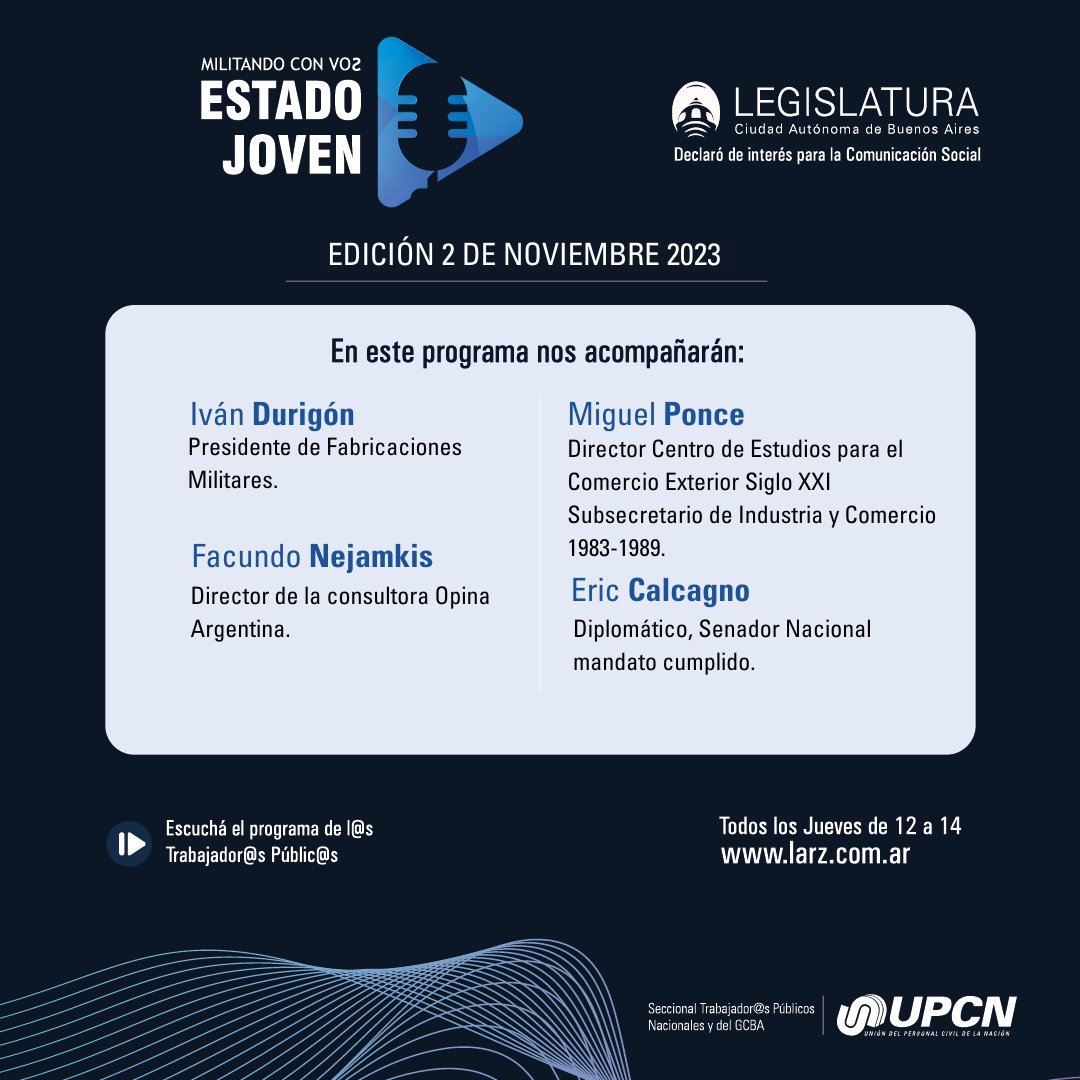 📷 Escuchá el programa todos los jueves de 12 a 14 hs por larz.com.ar/radio/

El programa de los Trabajador@s Públic@s  En el programa de hoy en ESTADO JOVEN, nos acompañan:  
⬇️⬇️⬇️