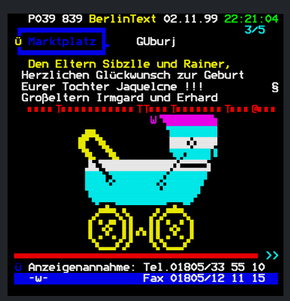 66_RP_ORIGINAL's tweet photo. 📺 #OTD #OnThisDay 
#Teletext #Teletextarchive #Teletextart #Pixel #Pixelart #Archiv #Retro #Vintage #90s #Television #Advertisements #Ad 

Marktplatz / Anzeigenannahme im Berlin-Text (B1 Fernsehen) am 2. November 1999

Seite 100 ff: https://t.co/oxOLIu5AxA
Uploader: itewreed https://t.co/X8rjHOXJdH