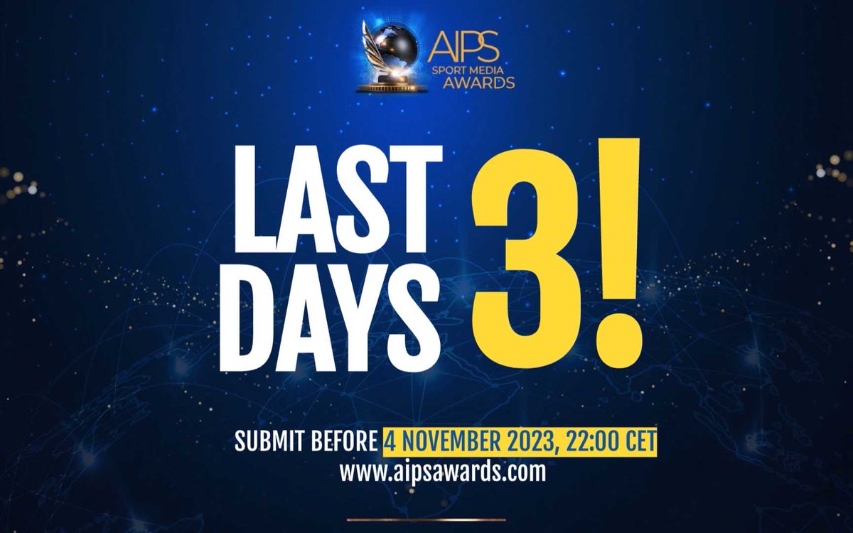 AipsAwards's tweet photo. Deadline is approaching! Have you submitted? 
The AIPS Sport Media Awards are the only global prize for sports journalism and sports storytelling. 
More than 120 nationalities already represented in this sixth edition.
Join the celebration! 
https://t.co/i1JY1Ep4vi https://t.co/ygMnQPE0R2