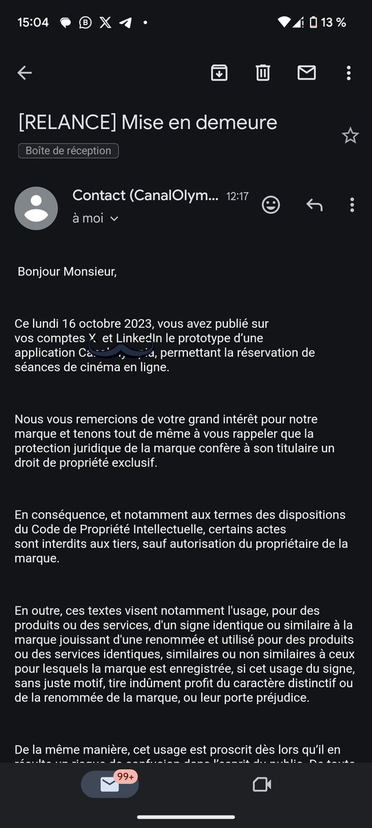 EmaniUi's tweet photo. Le mail en question🥲 et en vérité je suis fautif 😐 Parce que j'ai utilisé leur logo et leur marque sans leur autorisation https://t.co/RHtRk0dxlL