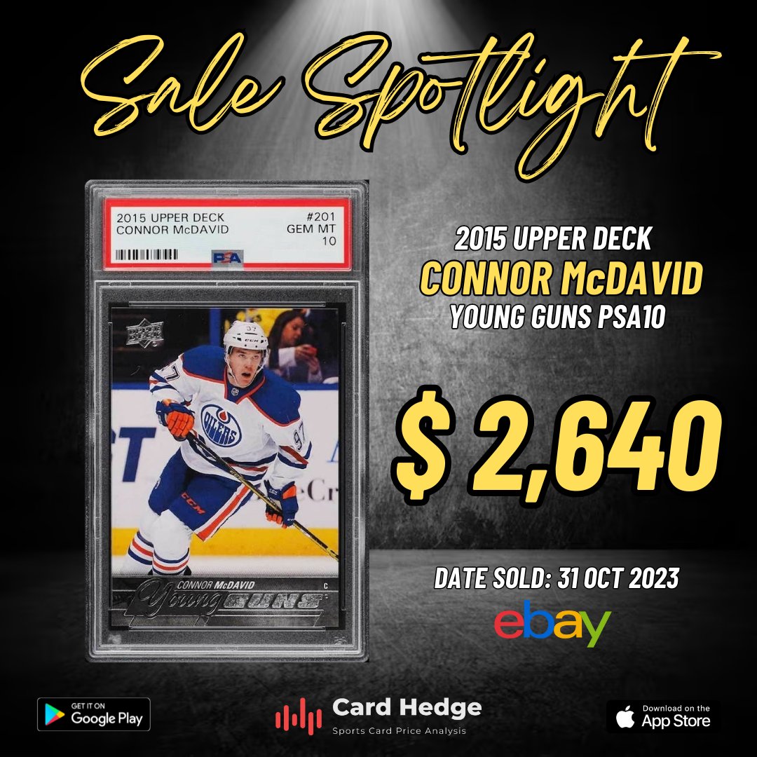 cardhedger's tweet photo. #CardHedger #SaleSpotlight
Sale Spotlight: A 2015 Upper Deck Connor McDavid Young Guns PSA10 was sold for $2.6K via eBay on October 31, 2023.
Will McSaviour keep his card values' consistency?
#NHL #ConnorMcDavid #McDavid #McSaviour #McHockey #NHLcards #hockey #hockeycards #sportscards #tradingcards #UpperDeck #UpperDeckHockey #YoungGuns #UpperDeckYoungGuns #UDYoungGuns #cardprices #cardpricing