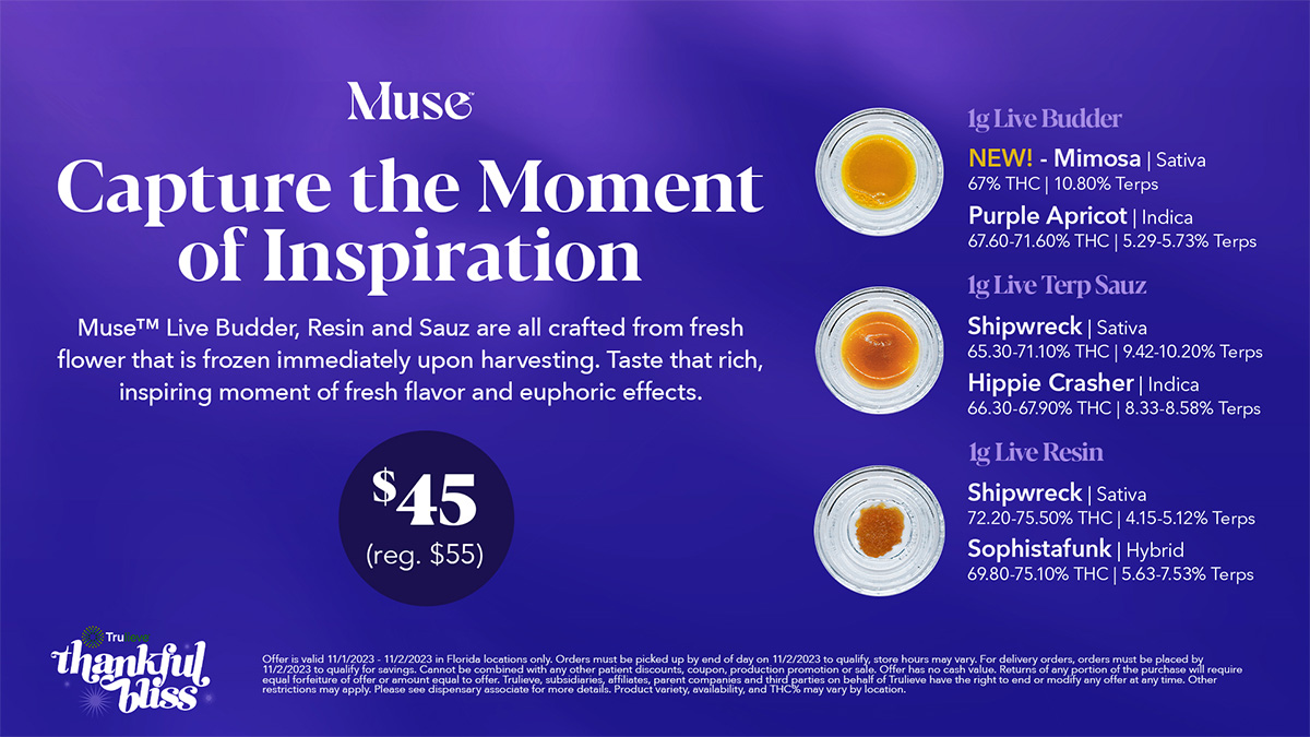Trulieve's tweet photo. 🌿✨ Elevate your experience with #Muse #LiveConcentrates! Introducing the all-new 1g Live #Budder in the delightful Mimosa strain. Discover a whole new level of enjoyment. 🚀💫
#Trulieve #NaturalRelief #New https://t.co/JQzYYrPkSo