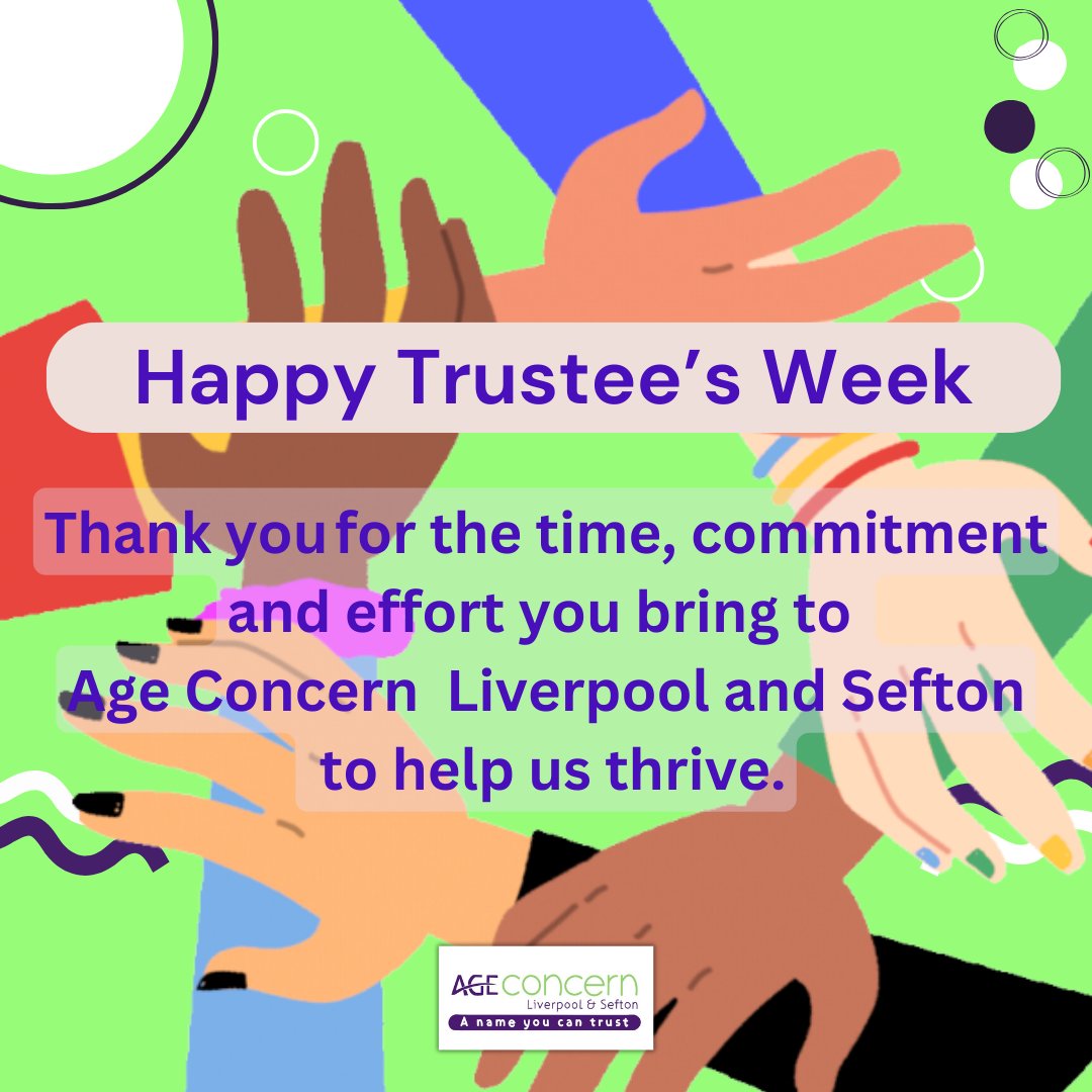 🌟 Celebrating Trustee Week! 🌟
We want to extend our heartfelt gratitude to our incredible Trustees who dedicate their time to our cause. 🙏If you think you would like to be a trustee,  Email us at mail@ageconcernliverpoolandsefton.org.uk to get involved! #trusteesweek