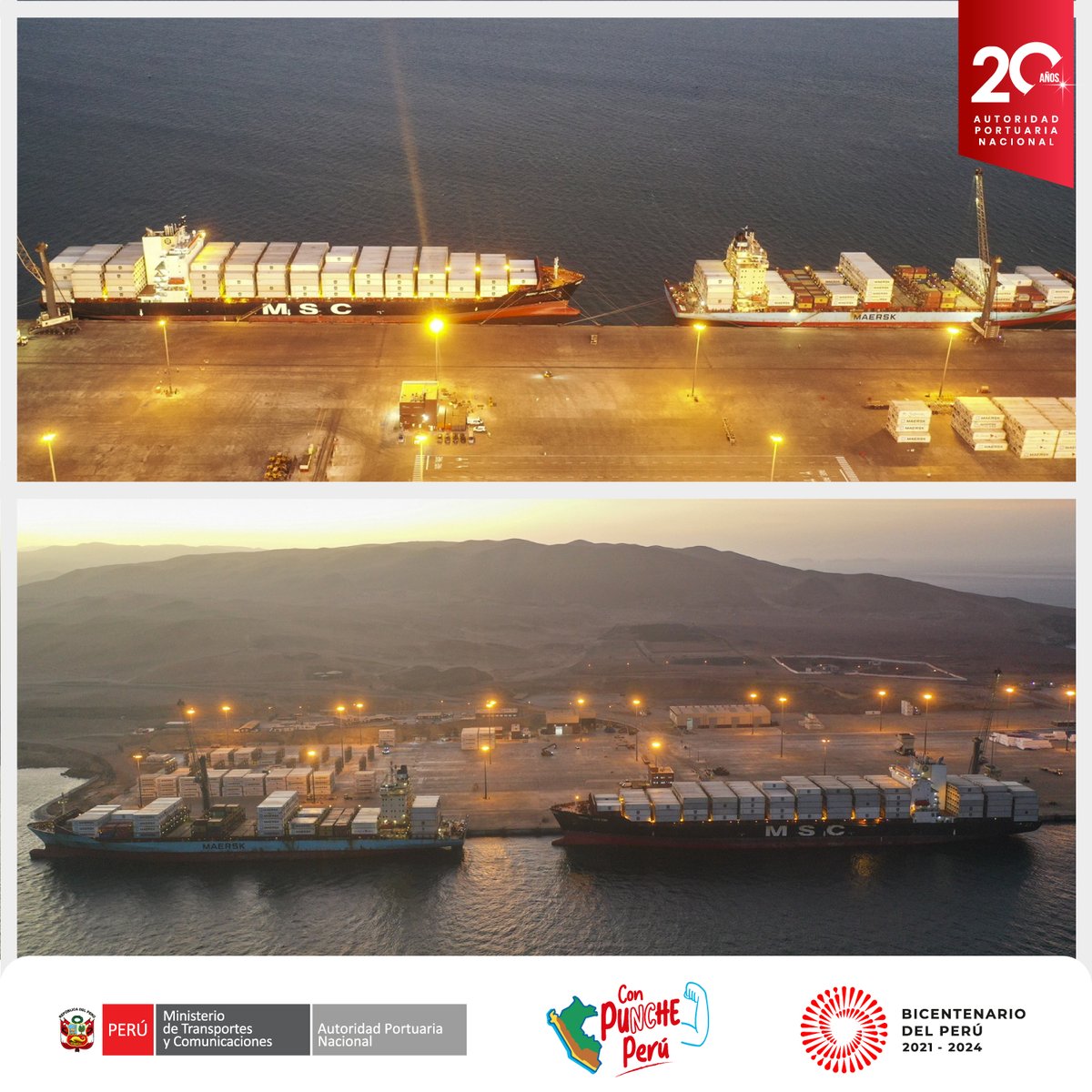 APN_PuertosPeru's tweet photo. 🛳 #Ica | Las naves #MSCJapan de la línea naviera Mediterranean Shipping Co y #Jeppesen de Maersk arribaron al Terminal Portuario General San Martín @TPParacas, dos líneas navieras portacontenedores más grandes del mundo. https://t.co/T8pxcYYFzY