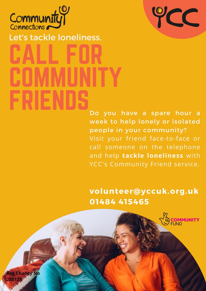 Kirklees Community Plus (@kirkleescomplus) on Twitter photo Could you be a befriender to someone in your area?
Community Connections are looking for volunteers to help tackle #loneliness and #isolation across #Kirklees
<a href="/yccItsOnlyMe/">Community Connections</a> Could you be a befriender to someone in your area?
Community Connections are looking for volunteers to help tackle #loneliness and #isolation across #Kirklees
<a href="/yccItsOnlyMe/">Community Connections</a>
