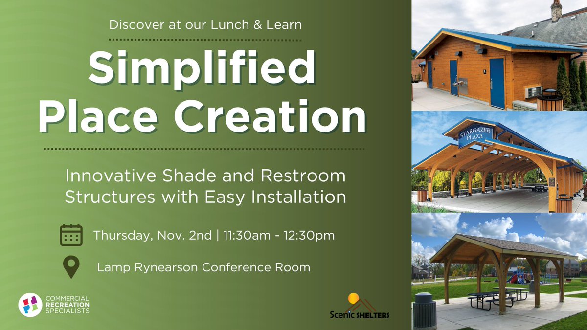 It's Lunch &amp; Learn Day with our amazing Platinum Partners -- Commercial Recreation Specialists! RSVP to crsmarketing@crs4rec.com to attend in person or join virtually. Join us at 11:30am for Simplified Place Creation - Innovative Shade &amp; Restroom Structures w/ Easy Installation.