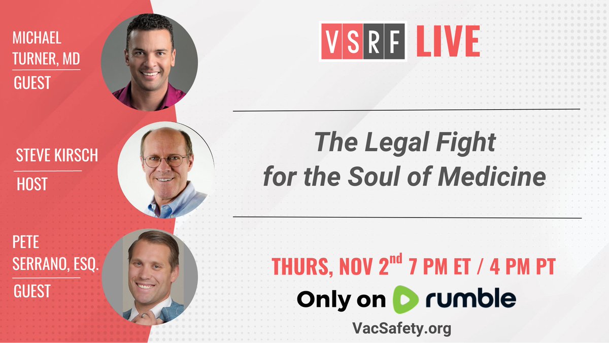 🔥 TONIGHT on VSRF LIVE: We're dismantling the Covid regime, case by case! ⚖️ Join the battle for health freedom with Dr. Michael Turner & Pete Serano from Silent Majority Foundation. 🕖 7pm ET | 4pm PT Watch exclusively on Rumble rumble.com/v3t7ouw-vsrf-l…
