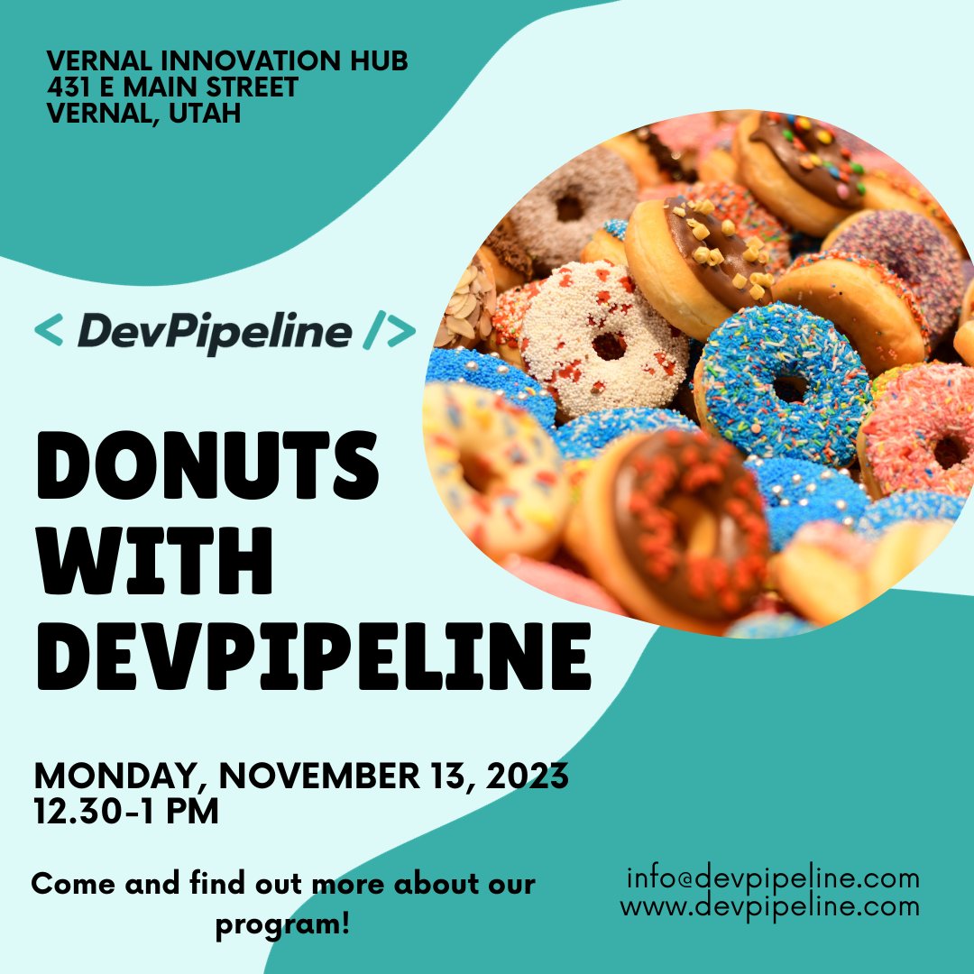 dev_pipeline's tweet image. Want to find out more about our program? Come and join us on Monday, Nov 13, 2023 from 12.30-1 pm at the Innovation HUB in Vernal, Utah and we will answer any questions you may have.
#devpipeline #coding #apprenticeship #innovationhubvernal #productionreadysoftwaredeveloper