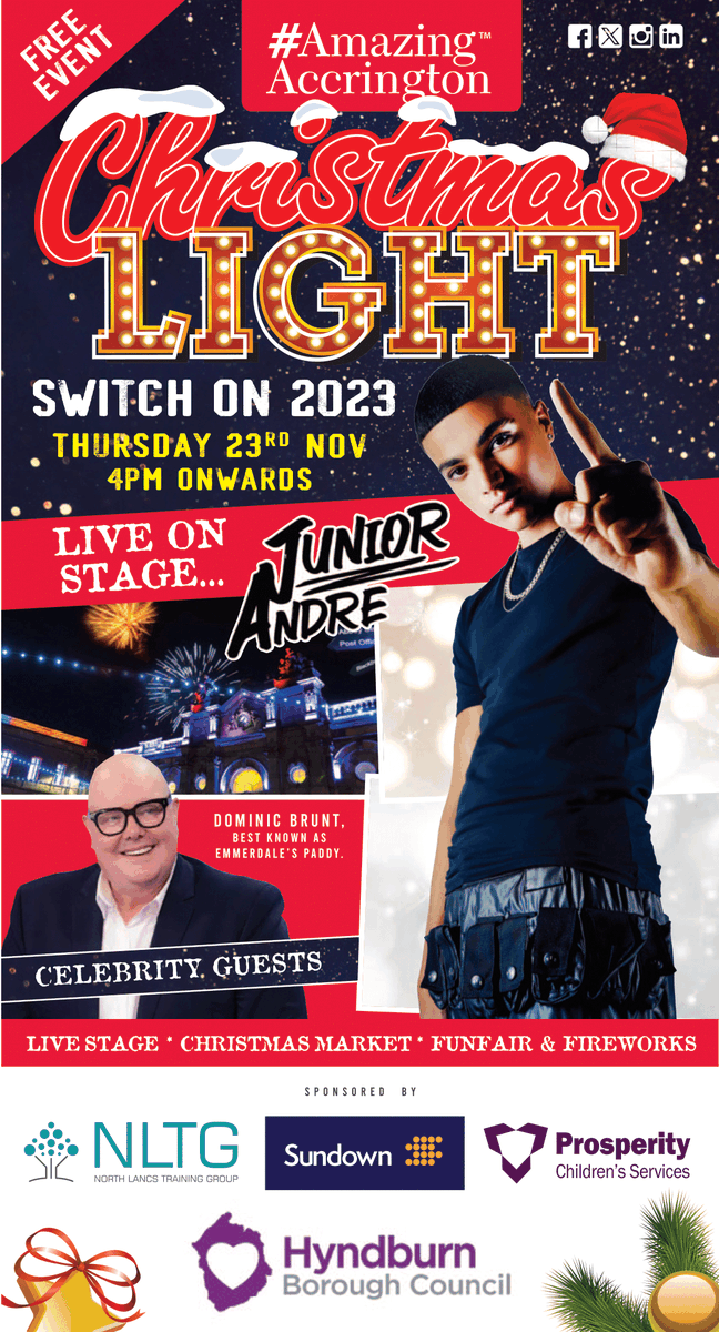 AmazingAccy's tweet photo. We are delighted to announce a spectacular line-up for the 2023 #AmazingAccrington Christmas Light Switch On! 💥🎄🎁

Taking place on Thursday 23rd November from 4pm – 7:45pm, the free-to-attend event will welcome a number of talented singers and performers to Accrington 👀

⭐ Actor, singer and TikTok star @JuniorAOfficial 
🎭 Emmerdale legend "Paddy" @dominicbrunt 
🎆 Fireworks display
🕺🏻 Michael Jackson tribute act 
🥁 World famous Accrington Pipe Band
🎶 Sing Space Musical Theatre Choir
🎤 Live music from talented local musician Sophie Stott 
⚽ A giveaway of 200 footballs with players from @ASFCofficial and @ASWFCofficial 
💃🏼 A dance performance from @BurnleyCollege 
👩‍🎤 Live music from @BGT finalist, Tia Connolly 
🎙️ Collective school choir 
✍🏻 Winter Writing Trail competition winners announced @juliehes 
🙌 Hosted by the legendary @axemanlowe  
🎡 Fairground on Broadway 
🥅 @ASFCcommunity Santa penalty shoot-out 
🎅 Meet Santa and Buddy the Elf 
😍 80+ indoor and outdoor stalls @AccringtonMrkt 
🧁 Christmas market headlined by @finch_bakery 
🦌 FREE bucking reindeer inside @AccringtonMrkt 
🛍️ #ShopLocal with our fantastic Hyndburn Independents 

Plus... much more! 😮

Check out the full line-up and timings, here 👇

https://t.co/KouL2KQXty

Sponsored by: @HyndburnCouncil, @SundownSolLtd, @north_lancs, @ProsperityCSUK and @financialaff.