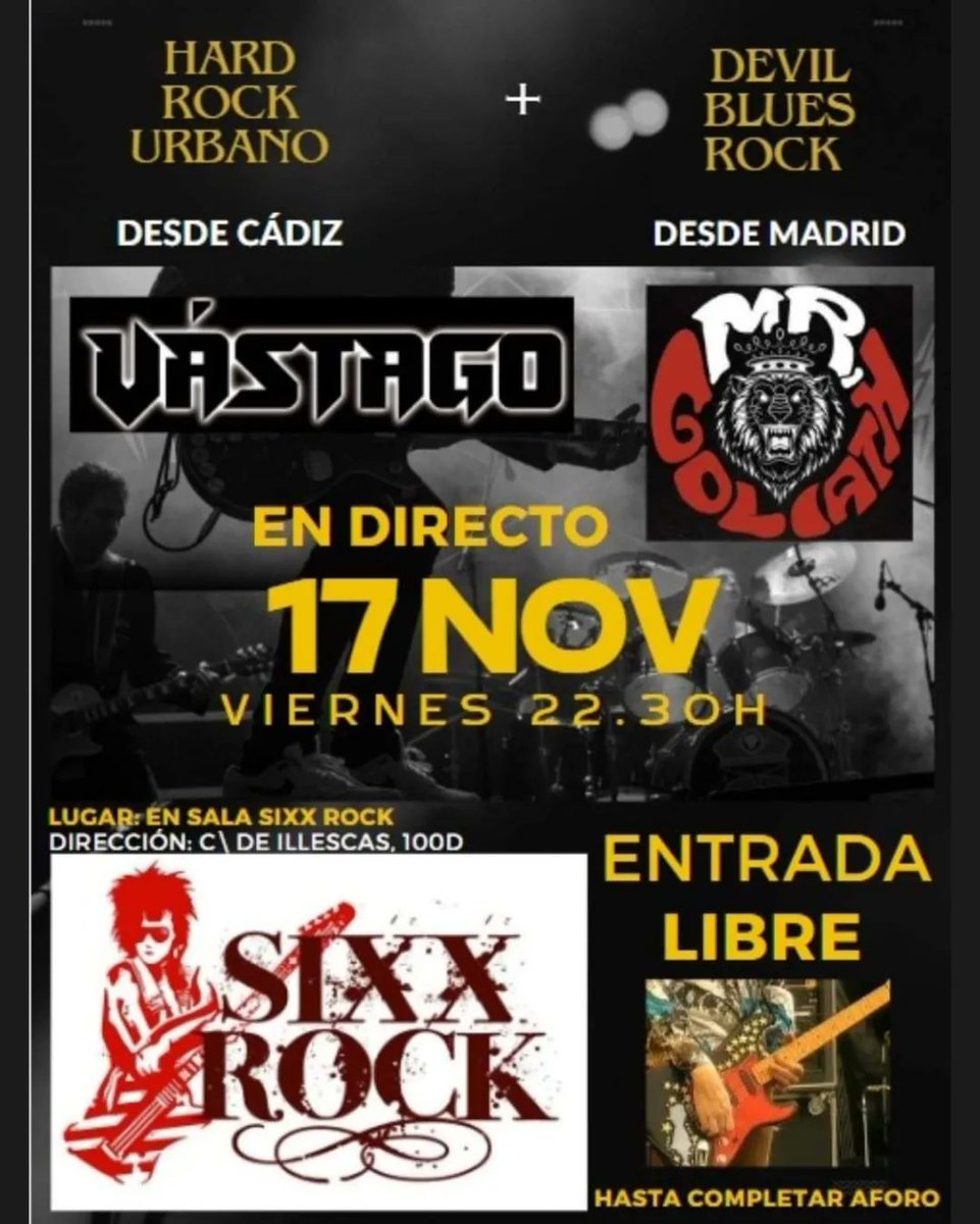 ⚡ALUCHE⚡Añado nueva fecha: Viernes 17 de Noviembre a las 22:30 h en la Sala Sixx Rock con Vástago (Algeciras). ENTRADA GRATUITA hasta completar aforo.

Recordad que el Miércoles 15 de Noviembre en The Godfather Rock Club. Entradas con consumición:
entradium.com/es/events/mr-g…