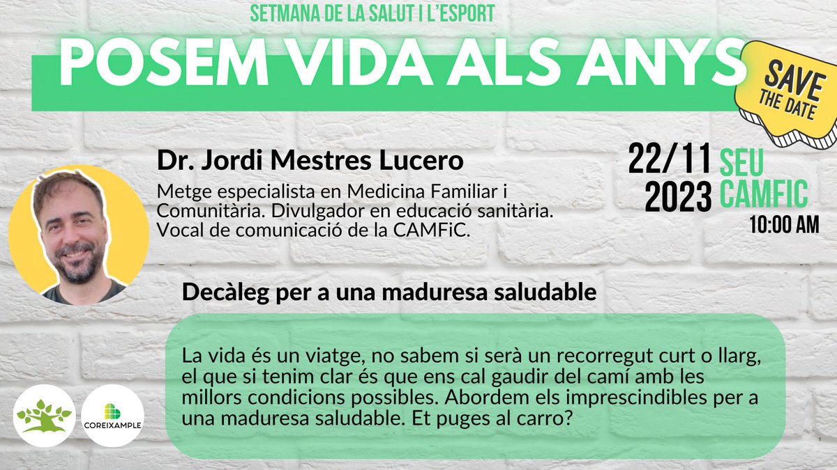 CAMFiC's tweet image. 💡 Coneixes les claus per una maduresa saludable? 
📌 T'ho explica el @DrJordiMestres a la xerrada col·laborativa de @CAMFiC durant la 7a #setmanadelasalut de @CorEixample
📅 22/11/23
⏰10h
📍CAMFiC (C/Diputació, 316)

🤩Us esperem! #salut #activitatfísica #gentgran #fembarri
