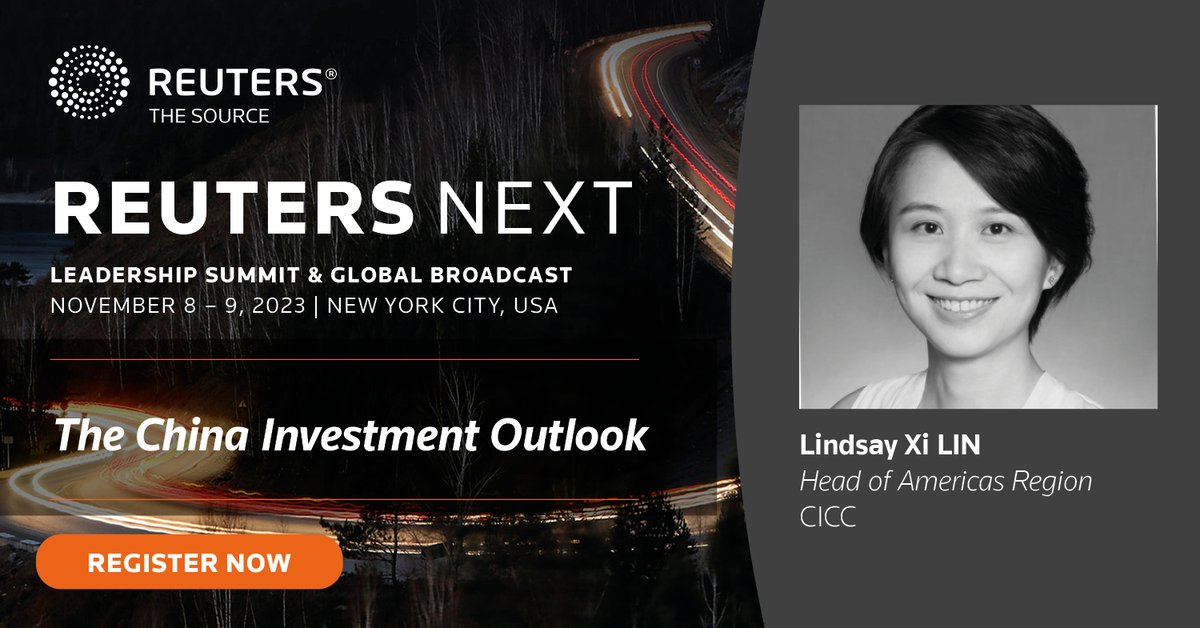 CICC Head of Americas Region Lindsay Lin is taking the Banking &amp; Finance Stage at Reuters NEXT this 8th November.

Reuters Editor-in-Charge for U.S. Finance &amp; Markets Megan Davies will join her for this exclusive interview on the China investment outlook.
lnkd.in/egvdE2Mw