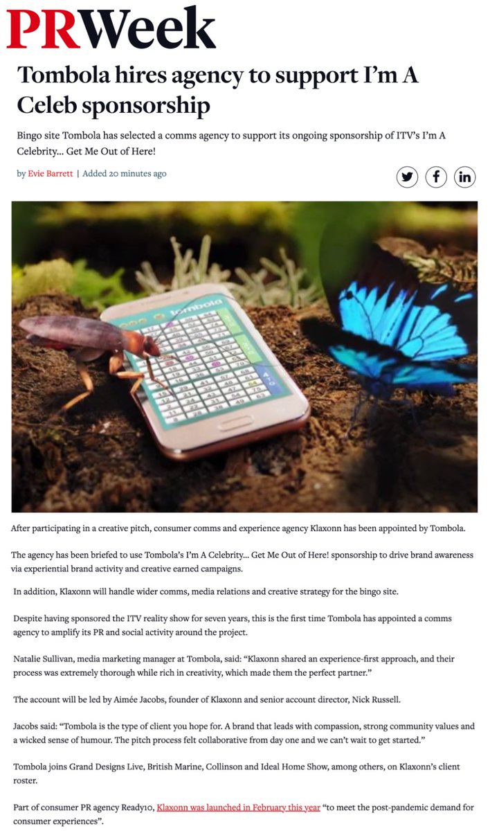 Pumped to announce that we will be looking after creative and experiential amplification of tombola's sponsorship of I'm A Celebrity...Get Me Out Of Here! Along with Crisis and Issues support and some other exciting bits we can't talk about yet...📣
