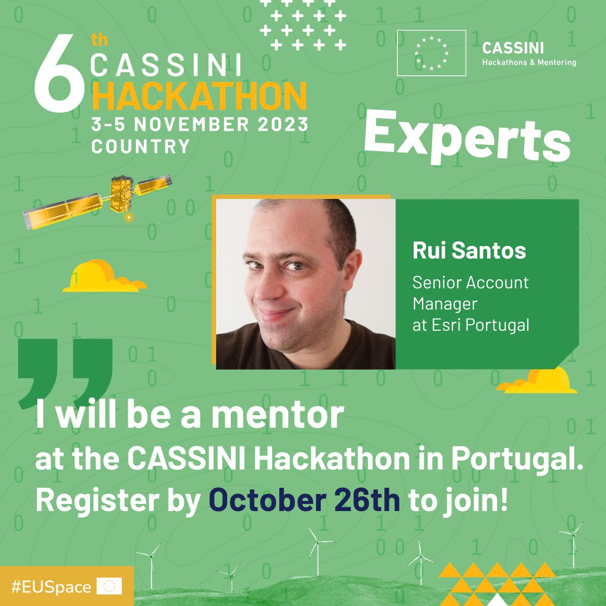 ESRui's tweet photo. The 6th CASSINI Hackathon is coming to Portugal! Use space data and your unique perspective and skills to address global challenges. 🛰

Register before Nov 2!!

📅 Nov 3-5
🌐 Porto Business School
💰 3k€ prize pool for top three teams
🏆 Winner gets access to the Finals https://t.co/mWryXZvmEe