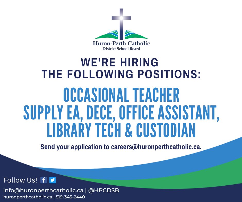 📢 Are you or someone you know looking for flexible work arrangements? The #HPCDSB is hiring occasional teachers as well as supply staff e.g. EA, DECE, OA, Library Tech, Noon Hour and Custodian positions! Share this post and/or apply on our website here: t.ly/T_Sh.