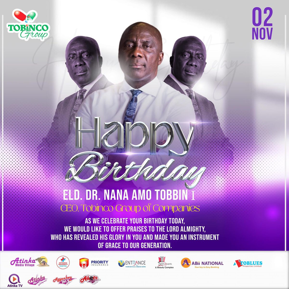AmoTobbin's tweet photo. Happy birthday to Group Chairman Elder Dr. Nana Amo Tobbin I! May this special day be filled with joy and success as you continue to lead with wisdom and excellence. 🎉🎂🎈
#HappBirthday #Longlive #trending https://t.co/1fVjOOrtNF