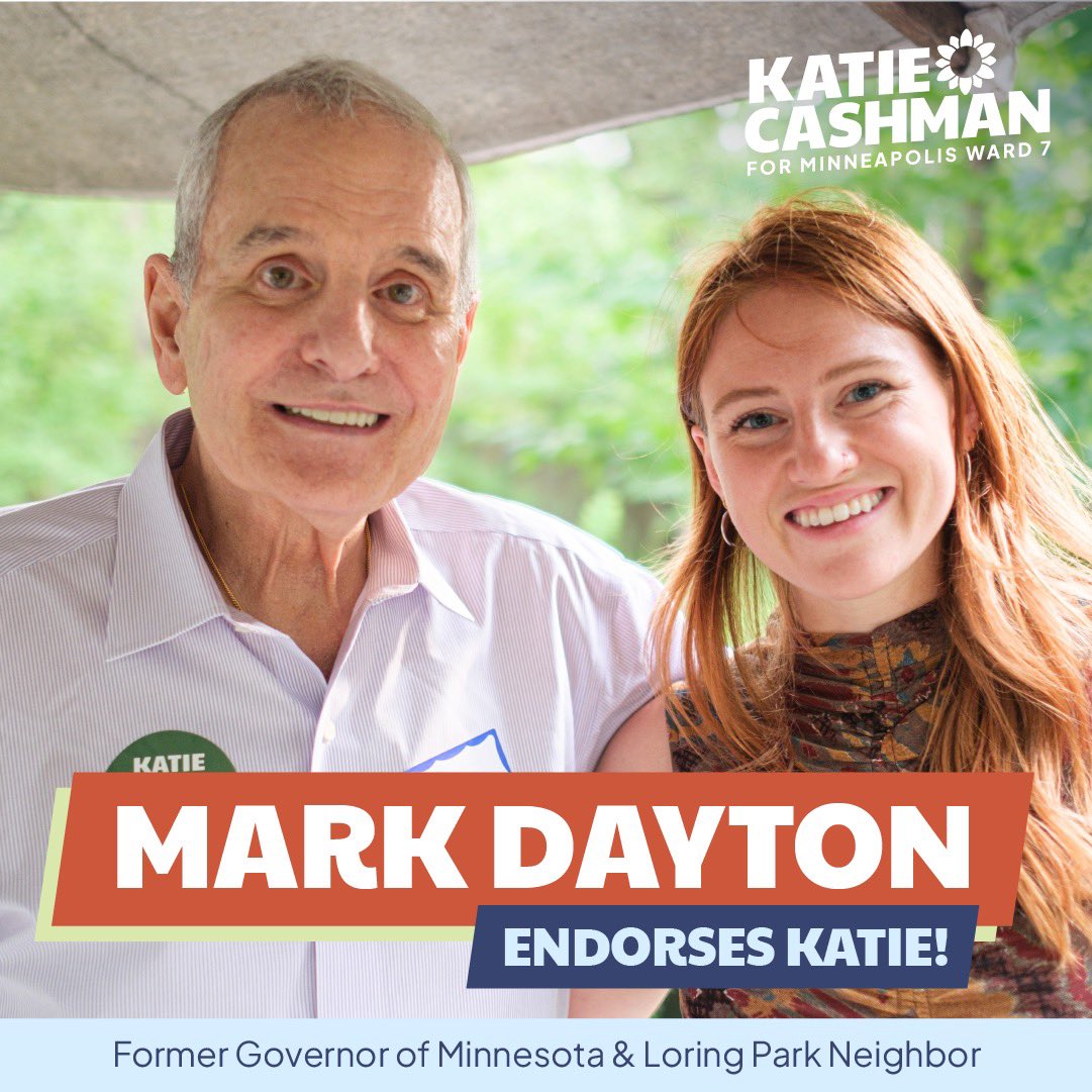 I'm honored to be endorsed by former Governor and Ward 7 neighbor Mark Dayton. 

"Minneapolis needs leaders who are willing to set aside differences to get big things done for our city and its residents. Katie is that leader. Her experience working for the United Nations (1/2)