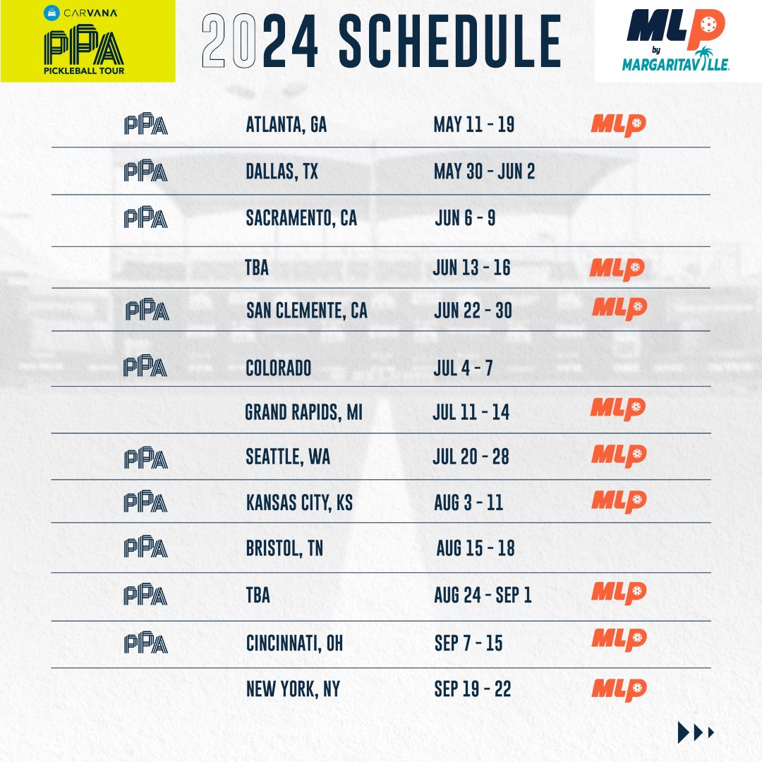 PPAtour's tweet photo. The future of pickleball is set 😤 The joint 2024 schedule for The Carvana @PPAtour and @MajorLeaguePB by Margaritaville is here! 🗓️ 

https://t.co/mRI9eHTRqc https://t.co/fq7Qx2HLJk