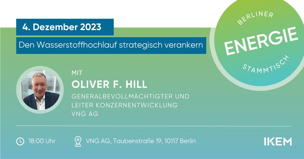 Save the Date! Am 4. Dezember 2023 um 18:00 Uhr findet der nächste Berliner Energiestammtisch in der Berliner Repräsentanz der VNG AG zum Thema 'Den Wasserstoffhochlauf strategisch verankern' statt.

Anmeldungen sind ab sofort möglich: ow.ly/RKEa50Q3v7N