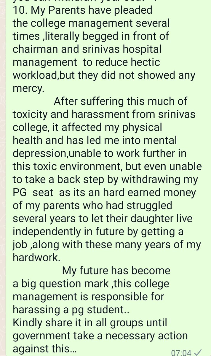 Serious allegations of mental harrasment &amp; Toxicity  against adminstration of Srinivas medical college ,Manglore

★Continuous duty for 36hr
 ★Not even giving time for brush ,bath
#MedTwitter <a href="/PMOIndia/">PMO India</a> <a href="/mansukhmandviya/">Dr Mansukh Mandaviya</a> <a href="/NMC_IND/">National Medical Commission</a>
आखिर कब तक डॉक्टर परेशान हो के सुसाइड करते रहेंगे?