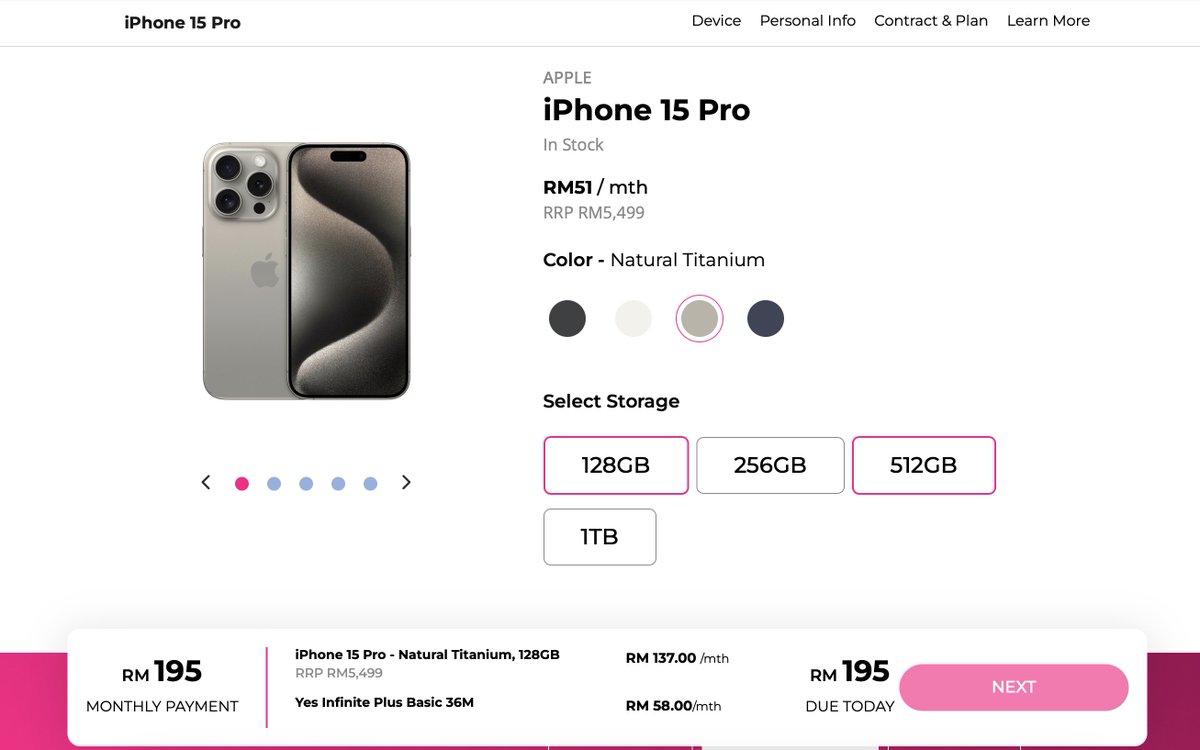 XavierNaxa's tweet photo. Harga bagi pelan @Yes_5G untuk iPhone 15 Pro

RM195 x 36 =RM7,020
Harga iPhone 15 Pro= RM5,499

RM7,020 - RM5,499 = RM1,521 
RM1,521 / 36 bulan =RM42.25

Pengiraan ini boleh diistilahkan, kita beli iPhone pada harga tunai RM5,499 dengan langganan pelan sebanyak RM42.25 sebulan. https://t.co/vuk3GwZ0xX