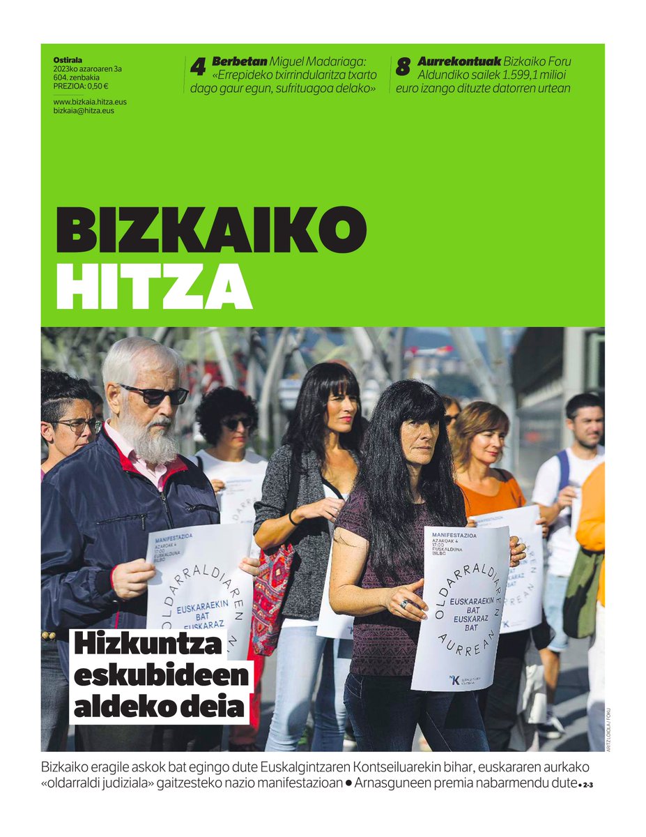 Biharko Bizkaiko Hitzan:
🟢Hizkuntza eskubideen aldeko manifestazioa
🟢Miguel Madariagari elkarrizketa
🟢Bizkaiko aurrekontuak
🟢Zorrotzako Muturreko proiektua
🟢Bizkargiri buruzko dokumentala
🟢Zeberio KM0 jaialdia
🟢Garaiko Momoitio San Juan ermita
🟢Mayi Etxebarriaren zutabea