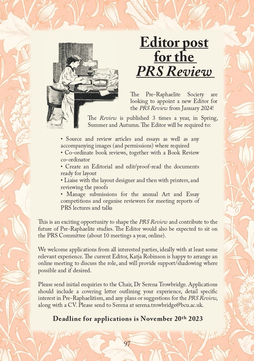 Editor Post Calling! The PRS is looking for a new editor for it's tri-annual journal 'The PRS Review'. Please see the attached for details on how to apply and how to find out more. The deadline for applications is 20th November.
