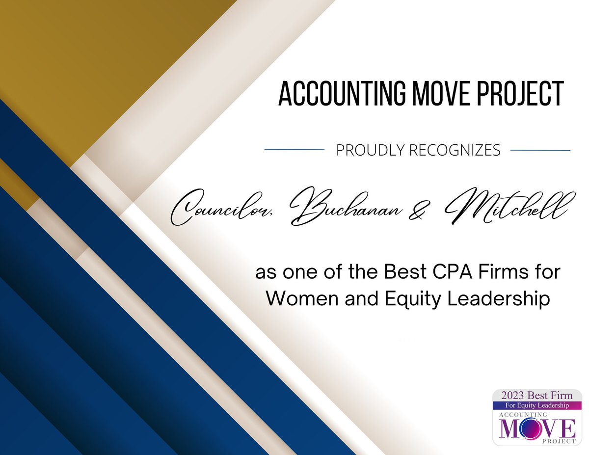 🎉 Proud to share the news! 🌟 Councilor, Buchanan &amp; Mitchell has been recognized as one of the Best CPA Firms for Women and Equity Leadership by the Accounting MOVE Project. 🏆 Celebrating our commitment to diversity and equity in leadership! 👏 

ow.ly/YJrj50Q38Mb