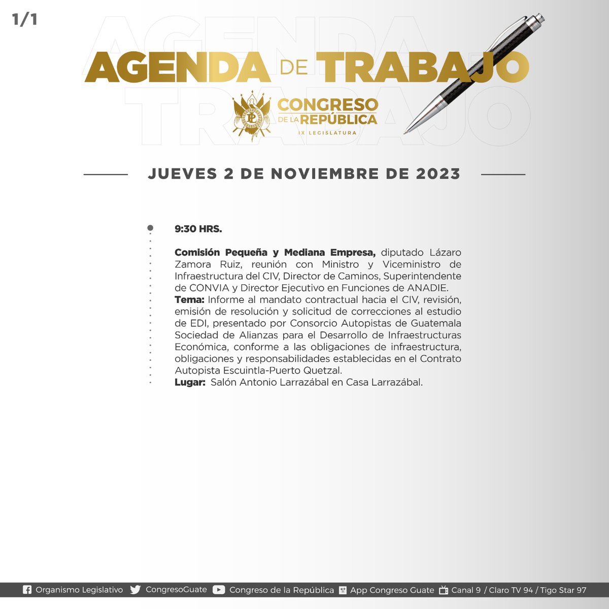 Buen día, les compartimos la agenda de #TrabajoLegislativo de esta jornada.

📆 2 de noviembre de 2023

🏦#IXLegislatura
🔎#TransparenciaLegislativa
