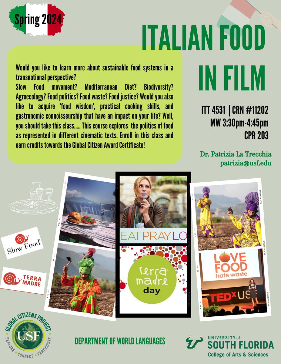 Dr_LaTrecchia's tweet photo. 📣 📌ITT 4531 ITALIAN FOOD IN FILM,📌 a course on the #visual #politicsoffood in a #transnationalperspective offered every #springsemester that I have been teaching for almost fifteen years and that was one of the very first #GlobalCitizen certified courses over a decade ago. 1/ https://t.co/X1XovNR5gm