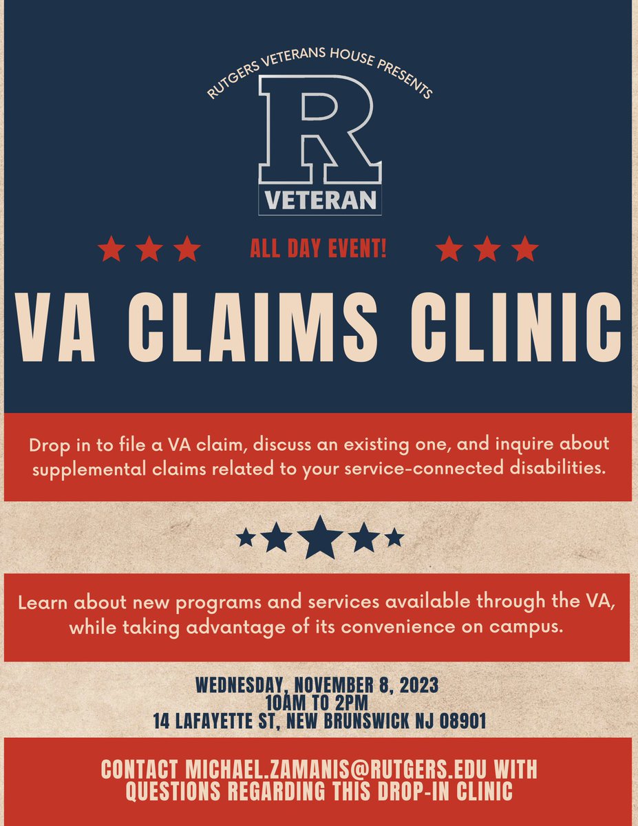 RuVeterans's tweet photo. Drop in on Wednesday, 11/8 between 10am and 2pm to our In-Person VA Claims Clinic at the Veterans House, 14 Lafayette St, New Brunswick, NJ 08901!  Speak with a VA representative about service-connected disability claims and VA benefit programs.

#veterans #vabenefits #disability https://t.co/In6Pl0J5qm