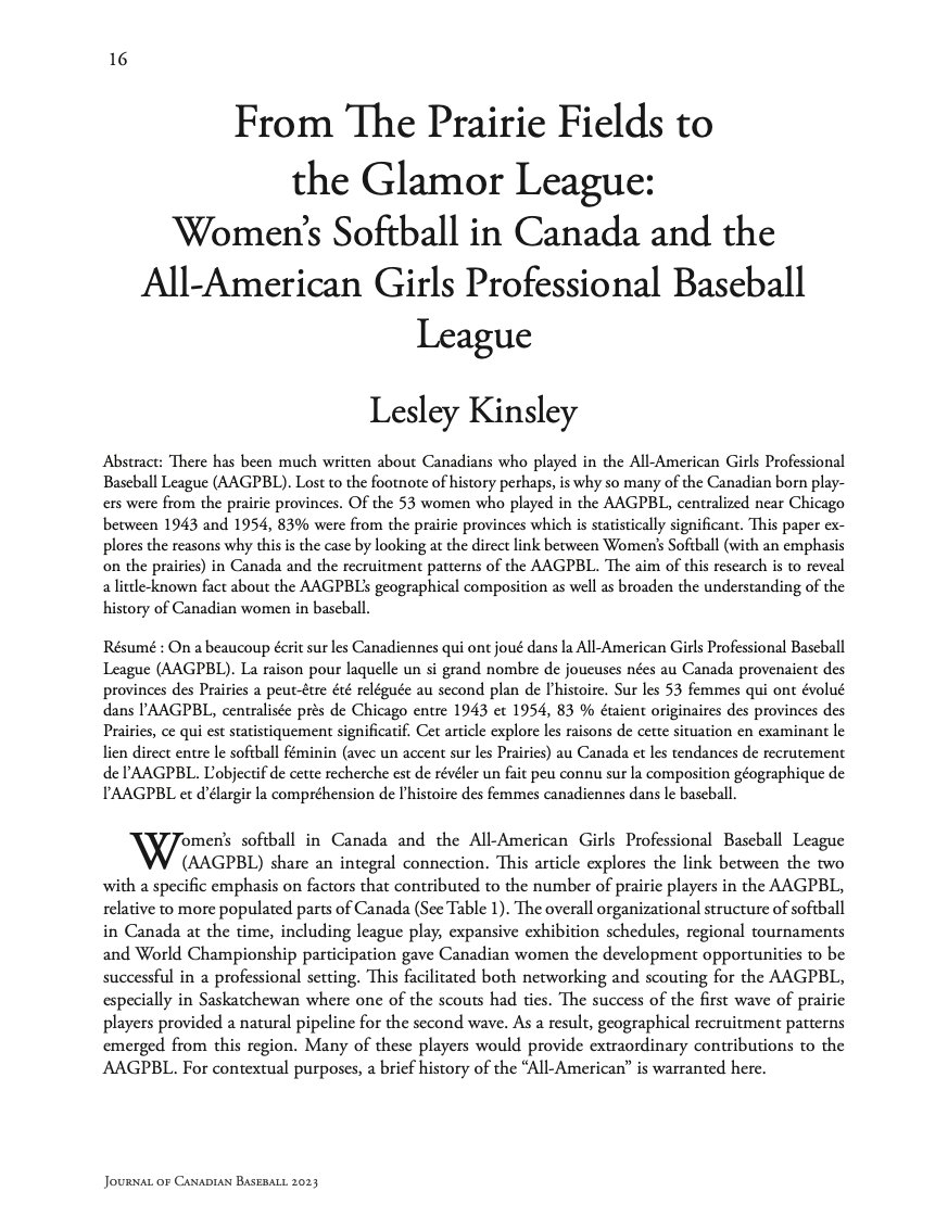 Lesley Kinsley's article "From The Prairie Fields to the Glamor League: Women’s Softball in Canada and the All-American Girls Professional Baseball League" is available here: ojs.uwindsor.ca/index.php/jcb/…