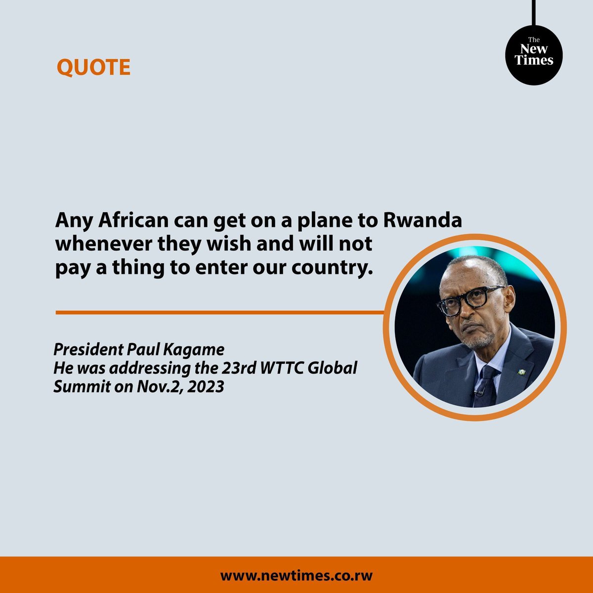 While addressing the 23rd World Travel &amp; Tourism Council's (WTTC) global summit in Kigali on Thursday, President #Kagame reminded that no African citizen pays for visa to enter #Rwanda.