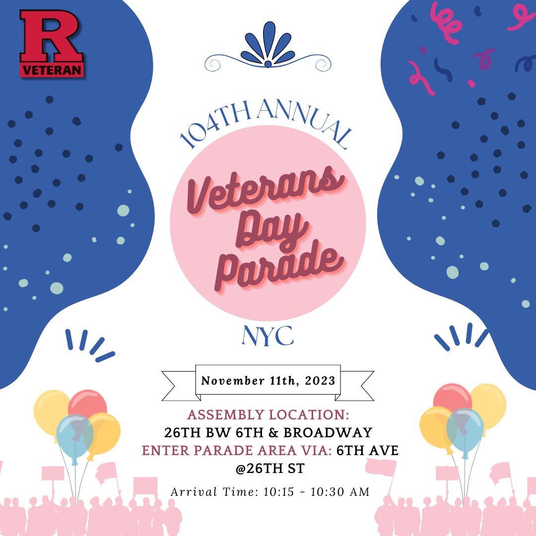 RuVeterans's tweet photo. Join us on Saturday, 11/11 to march in the NYC Veterans Day Parade.  We will assemble on 26th Street between 6th and Broadway between 10:15 and 10:30am.
RSVP is required. Email crystal.greenhow@rutgers.edu if you would like to march in the parade https://t.co/oiVCN1Vint