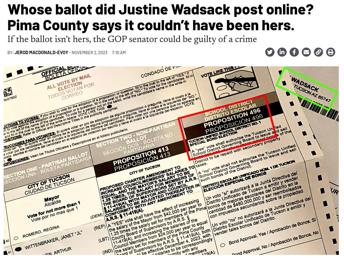 Wadsack claimed that, because she lives in Tucson and pays city taxes, she was allowed to vote on TUSD issues. But that's not how school districts are funded. story by @JerodMacEvoy azmirror.com/2023/11/02/who…