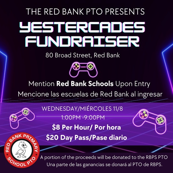 Kick off your long weekend at our <a href="/YESTERcades/">YESTERcades</a> Fundraiser!  Join us next Wednesday from 1 pm to 9 pm!  Hourly and daily rates available <a href="/DreamBigRB/">Luigi Laugelli</a> <a href="/RedBankSup/">Dr. Jared Rumage</a> <a href="/pmcollins04/">Paula Collins</a> <a href="/missalyss714/">Dr. Alyssa May</a> <a href="/Mr_Platis/">Mr. Platis</a> <a href="/MsDenglerRBPS/">Ms. Dengler</a> <a href="/rbpsEAGLES/">Red Bank Primary</a> <a href="/rbmsROCKETS/">Red Bank Middle</a> #gameon #gaming #greathingshappenhere