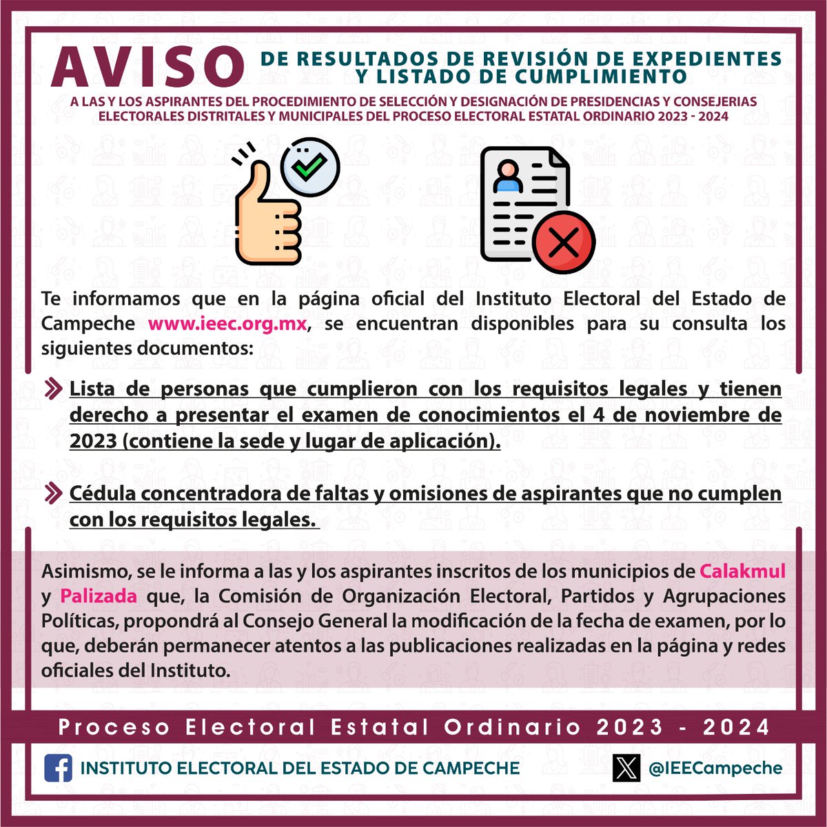 IEECampeche's tweet photo. 📣¡ATENCIÓN ASPIRANTES A CONSEJERÍAS ELECTORALES DISTRITALES Y MUNICIPALES!📣
📍Verifica el listado de cumplimiento de los requisitos legales y presentación del examen de conocimientos, sede y lugar de aplicación.
🔎https://t.co/bSyG4xfR0h https://t.co/zpMdyRMB5y