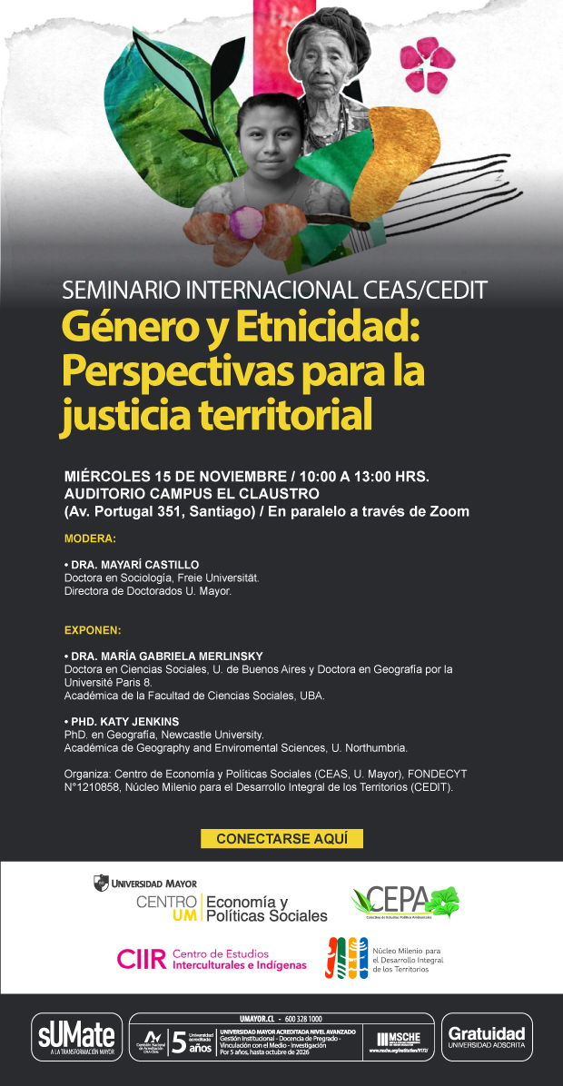 Les recordamos que el próx miér 15 estaremos realizando este Sem Int. en sede El Claustro de <a href="/umayor_/">Universidad Mayor</a>  Nos acompañan investigadoras de lujo, <a href="/GMerlinsky/">Gabriela Merlinsky</a> desde Argentina y <a href="/drkatyjenkins/">Prof Katy Jenkins</a> desde RU. Modera nuestra inv resp Mayarí Castillo @antropomedioamb 

<a href="/CEASumayor/">Centro de Economía y Políticas Sociales</a> 
<a href="/ceditchile/">Núcleo Milenio CEDIT</a>