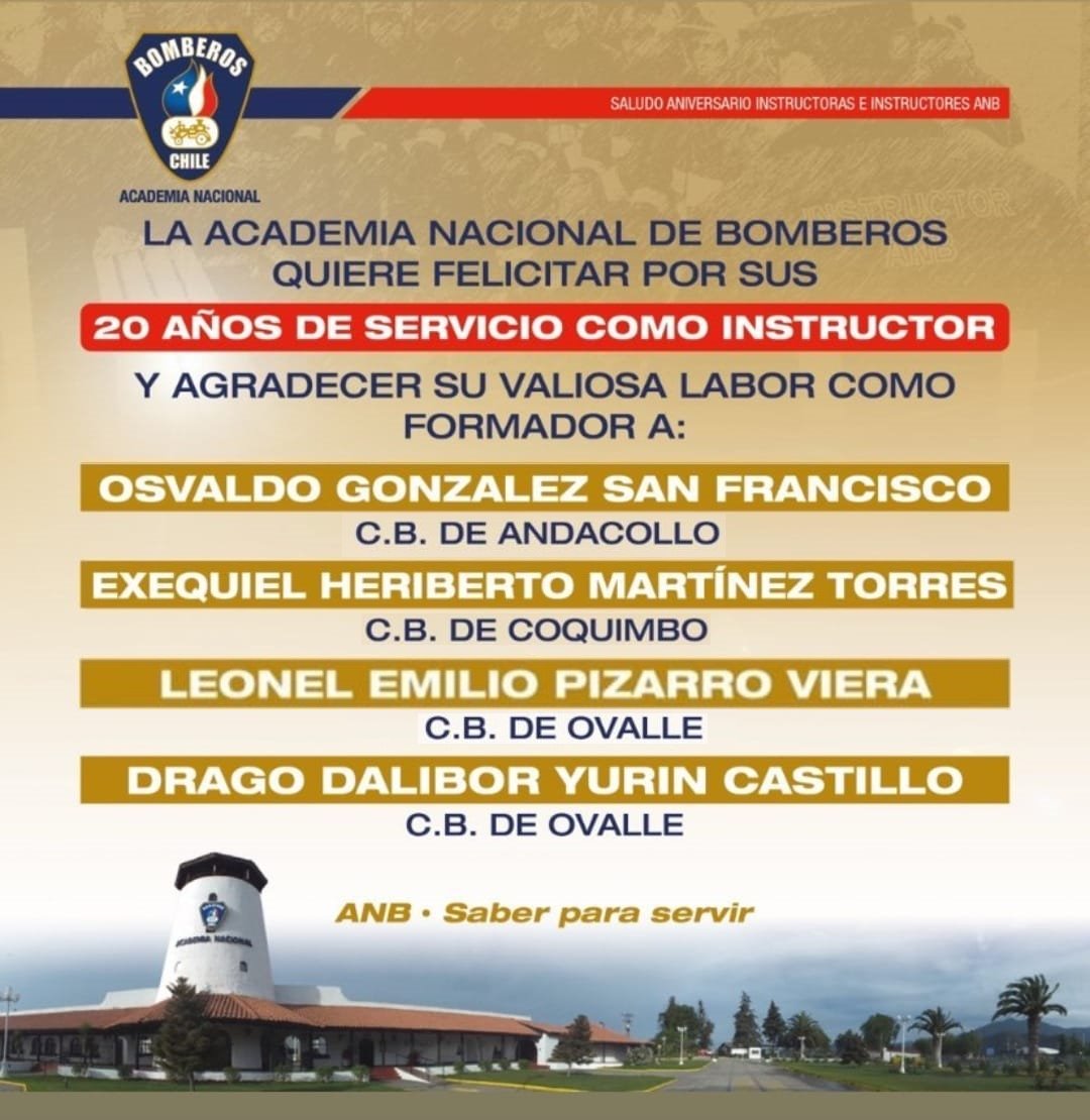 Saludamos afectuosamente a nuestro 4 instructores que cumplen 𝟐𝟎 𝐚𝐧̃𝐨𝐬 𝐝𝐞 𝐬𝐞𝐫𝐯𝐢𝐜𝐢𝐨 𝐜𝐨𝐦𝐨 𝐈𝐧𝐬𝐭𝐫𝐮𝐜𝐭𝐨𝐫:
Osvaldo Gonzalez CB de Andacollo
Exequiel Martínez CB de Coquimbo
Leonel Pizarro CB de Ovalle
Drago Yurin CB de Ovalle
a Seguir!!!! 💪🚒🚨