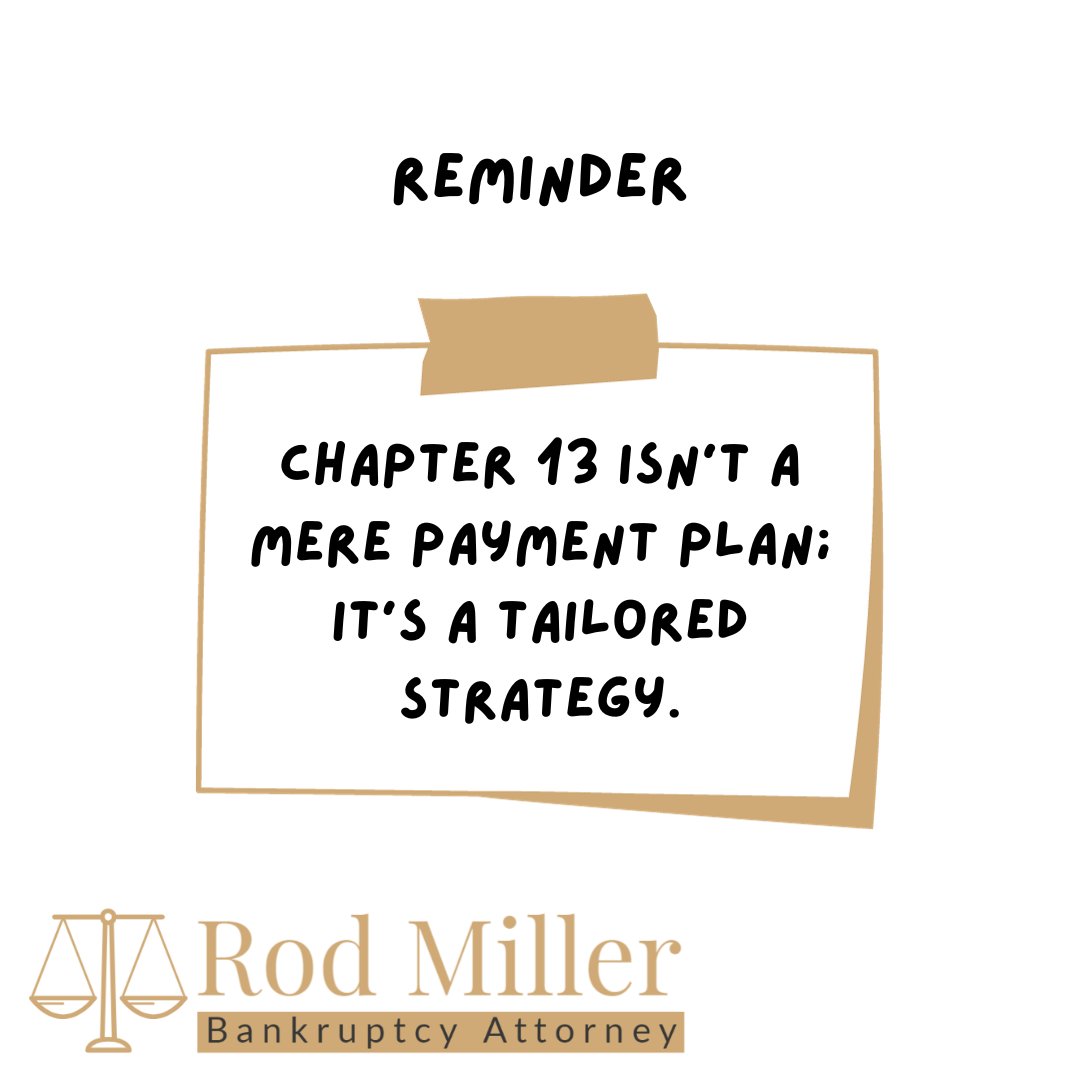 RodMillerLaw's tweet image. Chapter 13 isn't a mere payment plan; it's a tailored strategy to help you regain financial balance without losing everything you've worked for. #Chapter13Strategy #FinancialBalance #TailoredPlan 📊⚖️
Learn more at rodmillerlaw.com